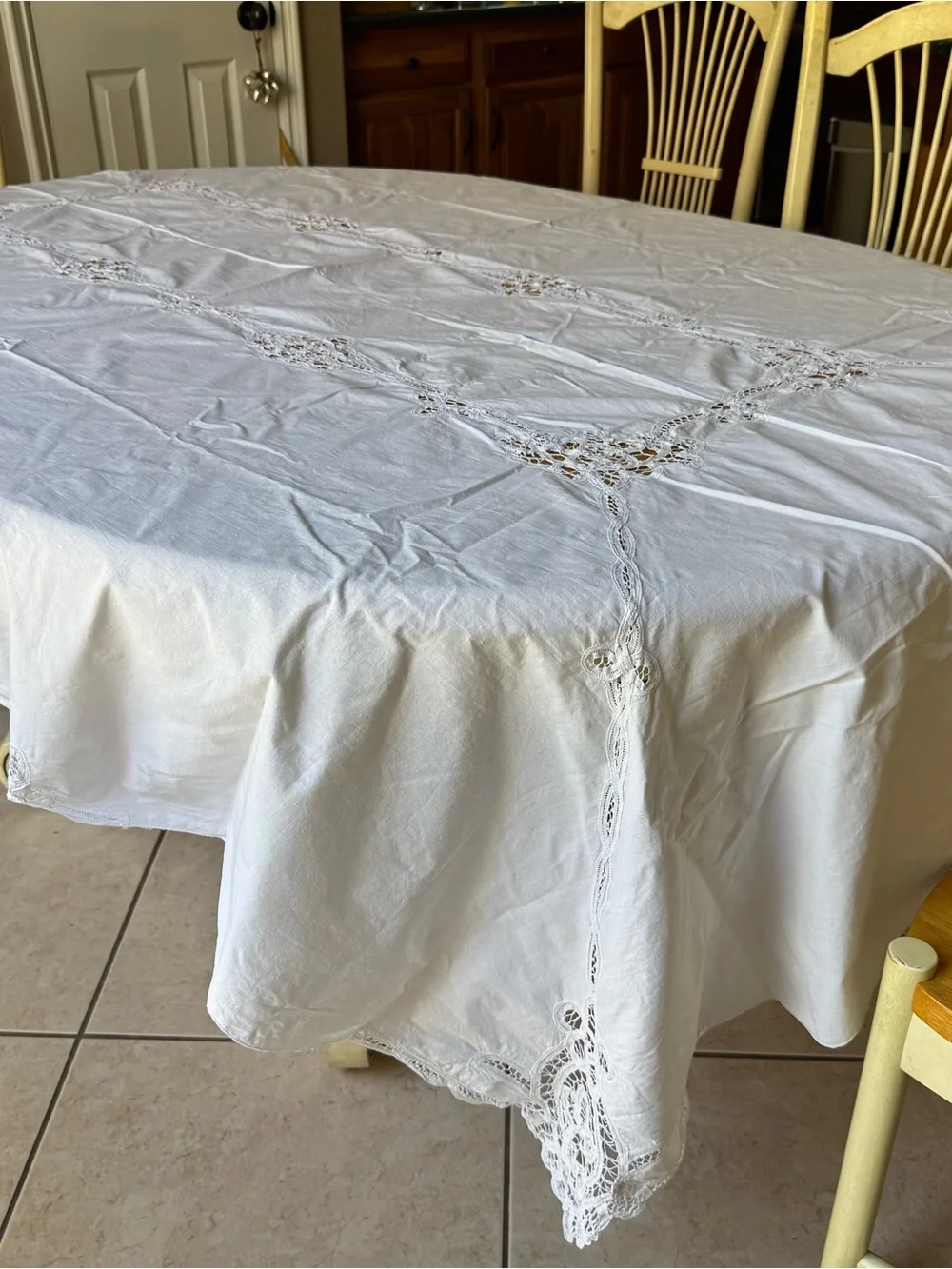 Vintage Cotton Lace Tablecloth Heirloom Cottagecore Farmhouse Large Ivory 63x97